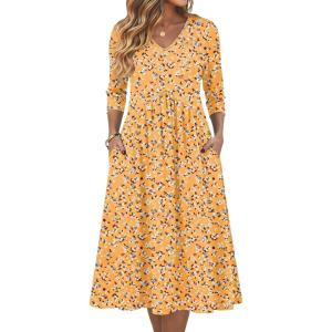 Zeagoo Summer Dresses for Women 2026 3/4 Sleeve Women’s Dress Casual Midi Tshirt Dresses with Pockets Semi-Formal Sundress(Yellow Floral)