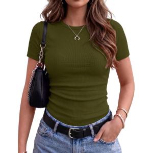 Zeagoo Women Short Sleeve Tops Crewneck Ribbed Knit Fitted Tshirts Dressy Casual Basic Tee 2026 Summer Clothes(Army Green)