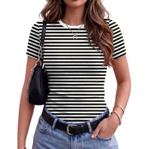 Zeagoo Women Short Sleeve Tops Crewneck Ribbed Knit Fitted Tshirts Dressy Casual Basic Tee 2026 Summer Clothes(Black Stripe)