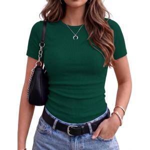 Zeagoo Women Short Sleeve Tops Crewneck Ribbed Knit Fitted Tshirts Dressy Casual Basic Tee 2026 Summer Clothes(Dark Green)