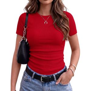 Zeagoo Women Short Sleeve Tops Crewneck Ribbed Knit Fitted Tshirts Dressy Casual Basic Tee 2026 Summer Clothes(Red)