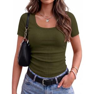 Zeagoo Womens Tops Short Sleeve Scoop Neck Shirts Ribbed Knit Fitted Basic Tees Casual Summer Work Clothes(Army Green)