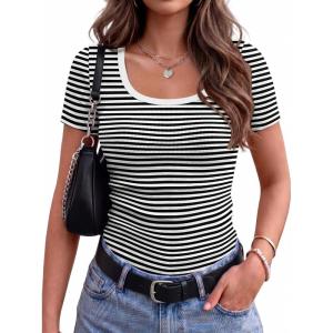 Zeagoo Womens Tops Short Sleeve Scoop Neck Shirts Ribbed Knit Fitted Basic Tees Casual Summer Work Clothes(Black White Stripes)
