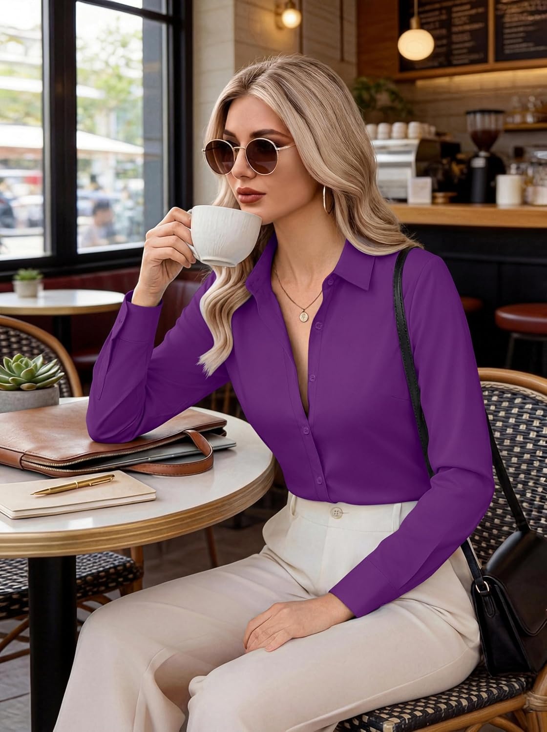 imageZeagoo Button Down Shirts for Women Long Sleeve Dress Shirts Classic fit Collared Blouses Casual Business Work Tops S3XLPurple