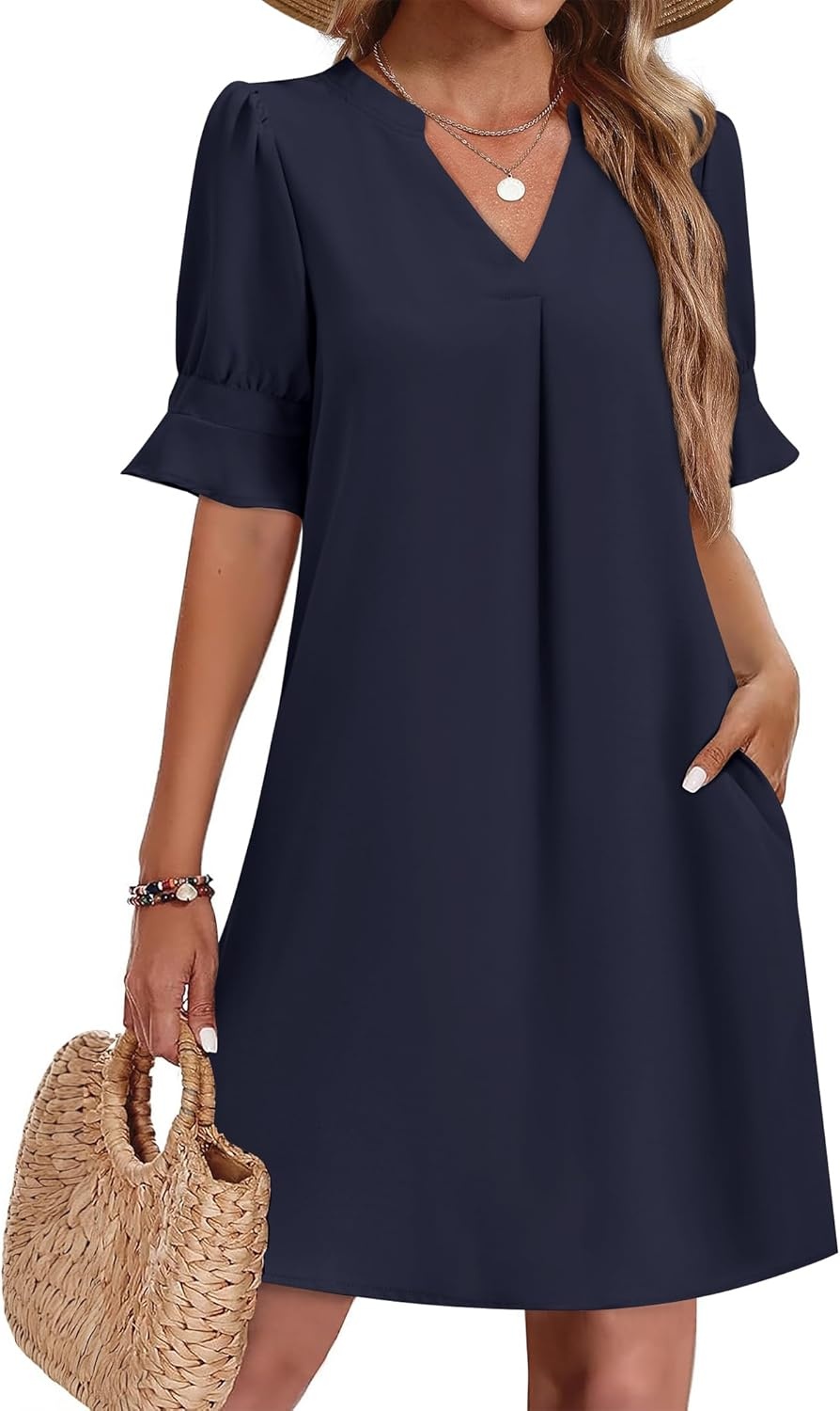 image:imageZeagoo Summer Dresses for Women 2026 V Neck Ruffle Sleeve Loose Shift Dress Hawaiian Sundress Beach Vacation ClothesBlue