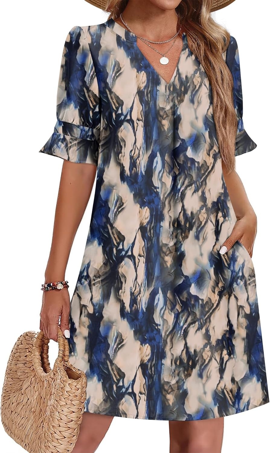 image:imageZeagoo Summer Dresses for Women 2026 V Neck Ruffle Sleeve Loose Shift Dress Hawaiian Sundress Beach Vacation ClothesBlue Gradient
