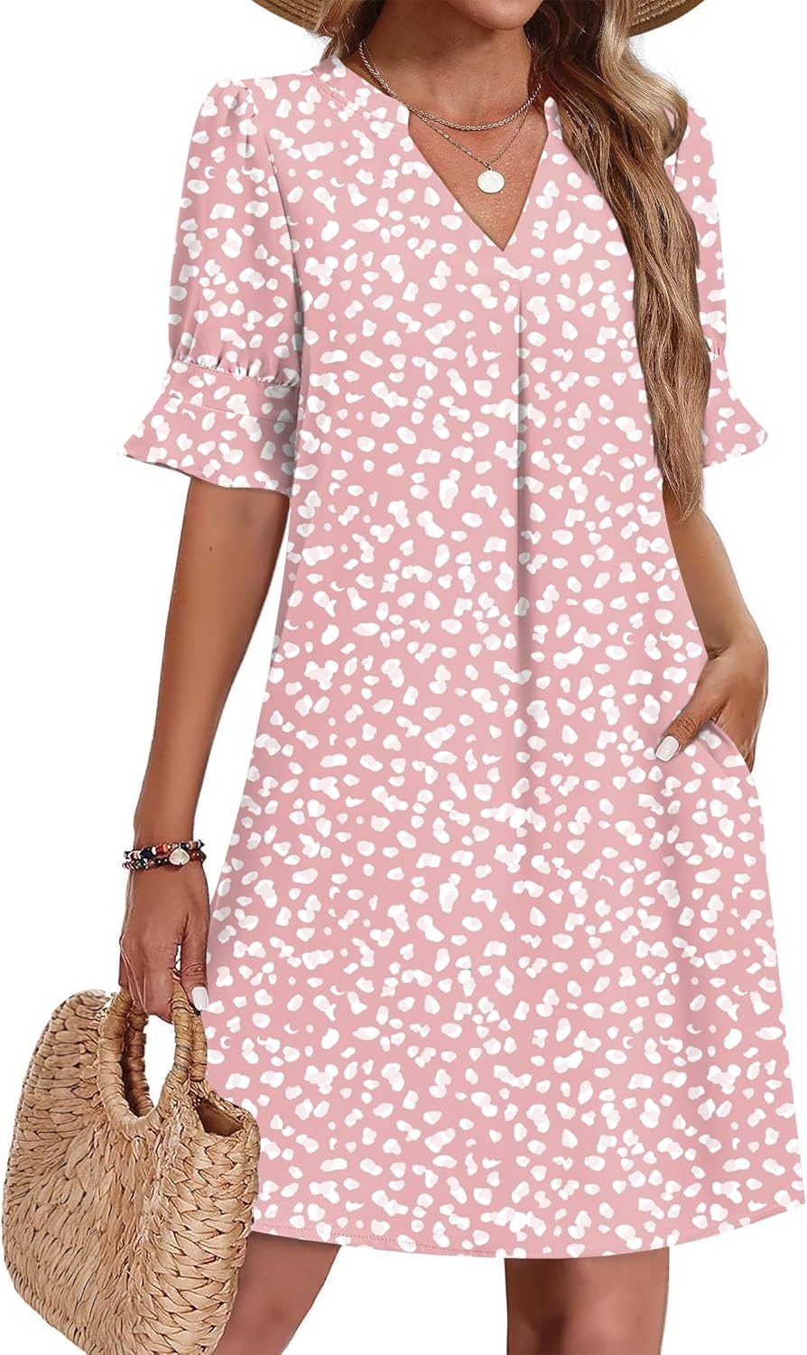 image:imageZeagoo Summer Dresses for Women 2026 V Neck Ruffle Sleeve Loose Shift Dress Hawaiian Sundress Beach Vacation ClothesPink Polka Dots