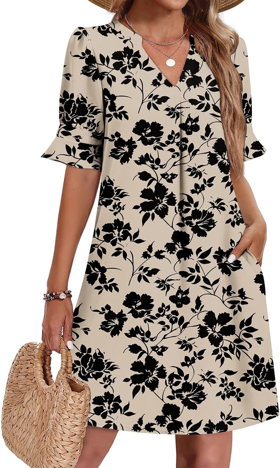 image:imageZeagoo Summer Dresses for Women 2026 V Neck Ruffle Sleeve Loose Shift Dress Hawaiian Sundress Beach Vacation ClothesSkin Floral