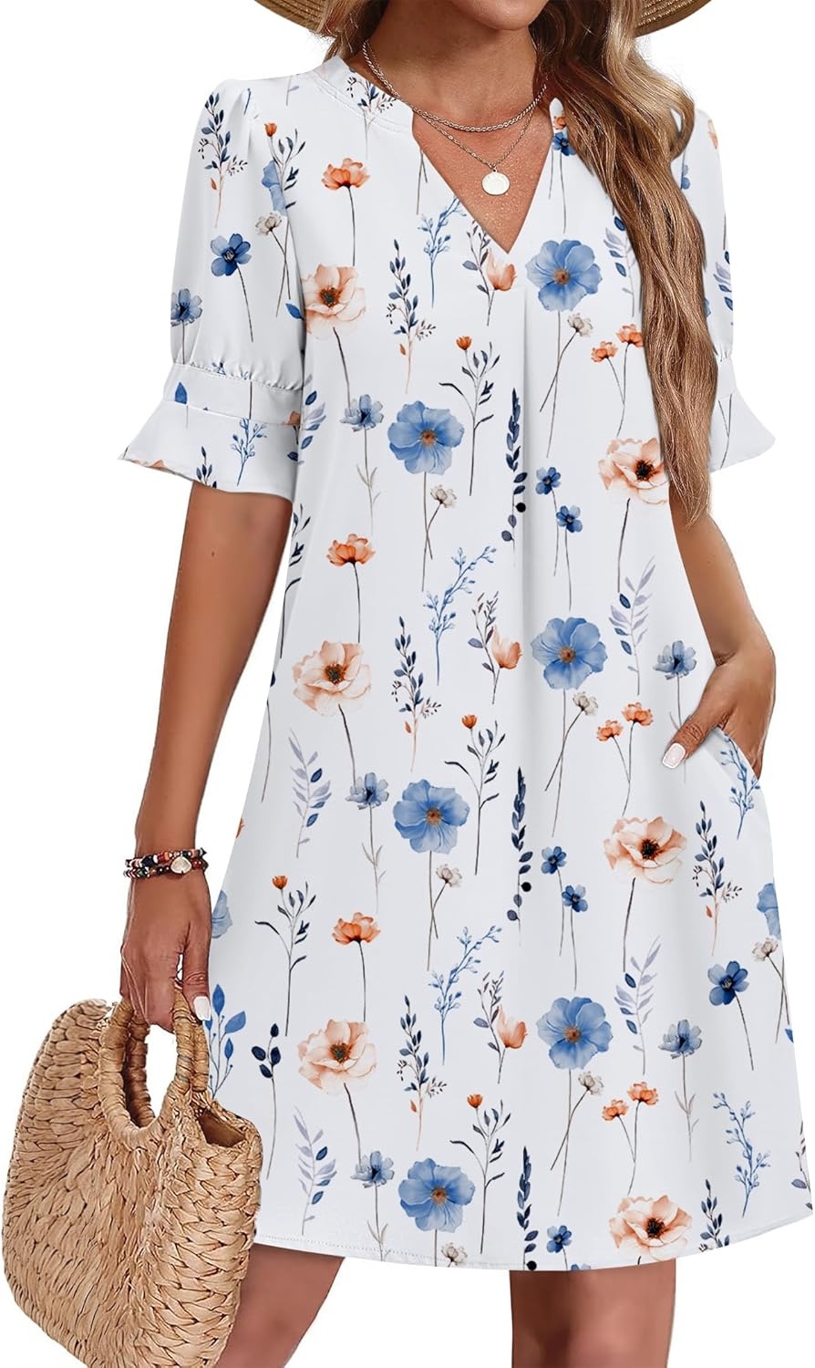 image:imageZeagoo Summer Dresses for Women 2026 V Neck Ruffle Sleeve Loose Shift Dress Hawaiian Sundress Beach Vacation ClothesWhite Floral