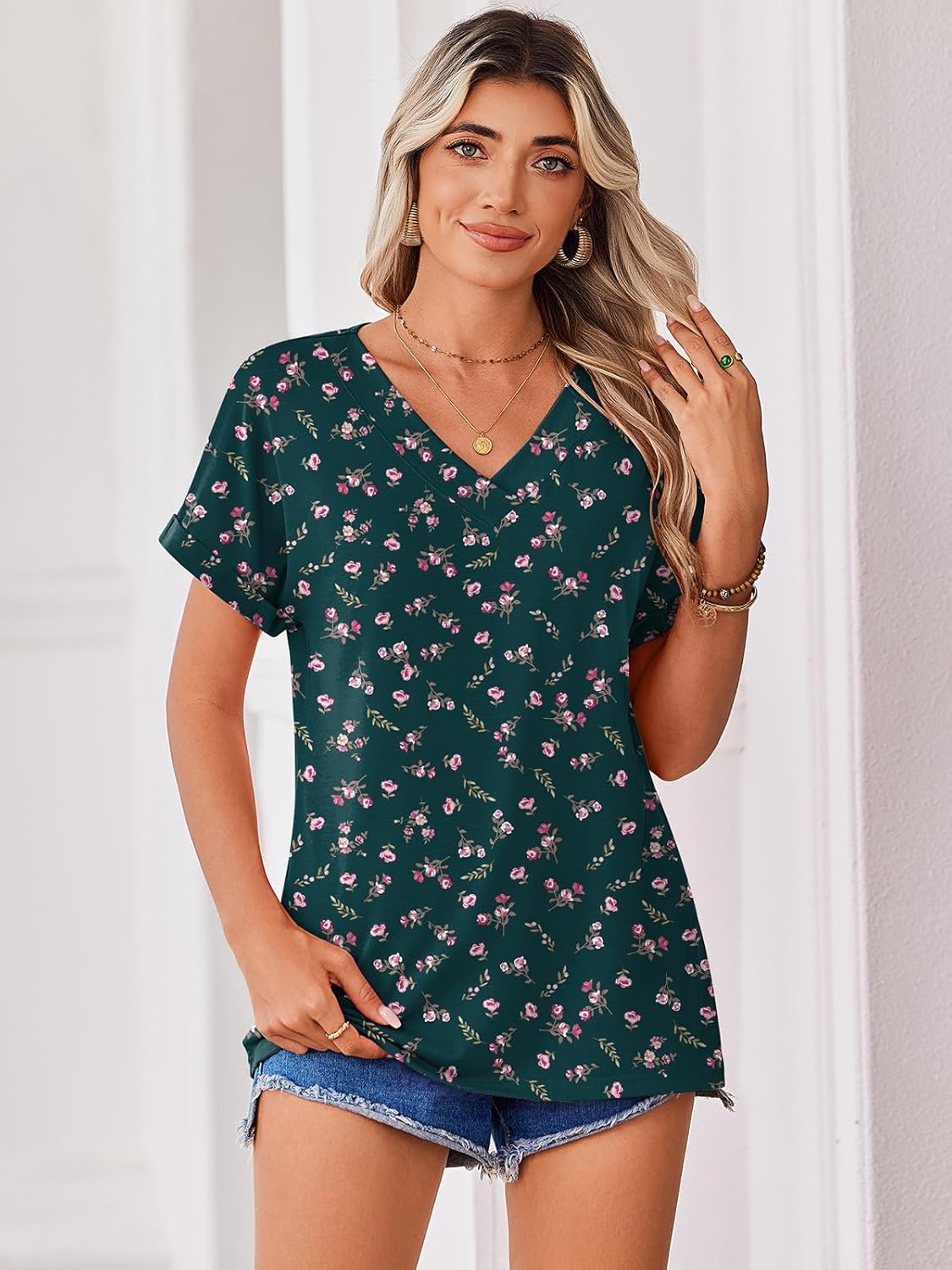 image:imageZeagoo Womens Summer Tops Rolled Short Sleeve V Neck Shirts Casual Dressy Business Work Blouses OutfitsGreen Flowersxh522
