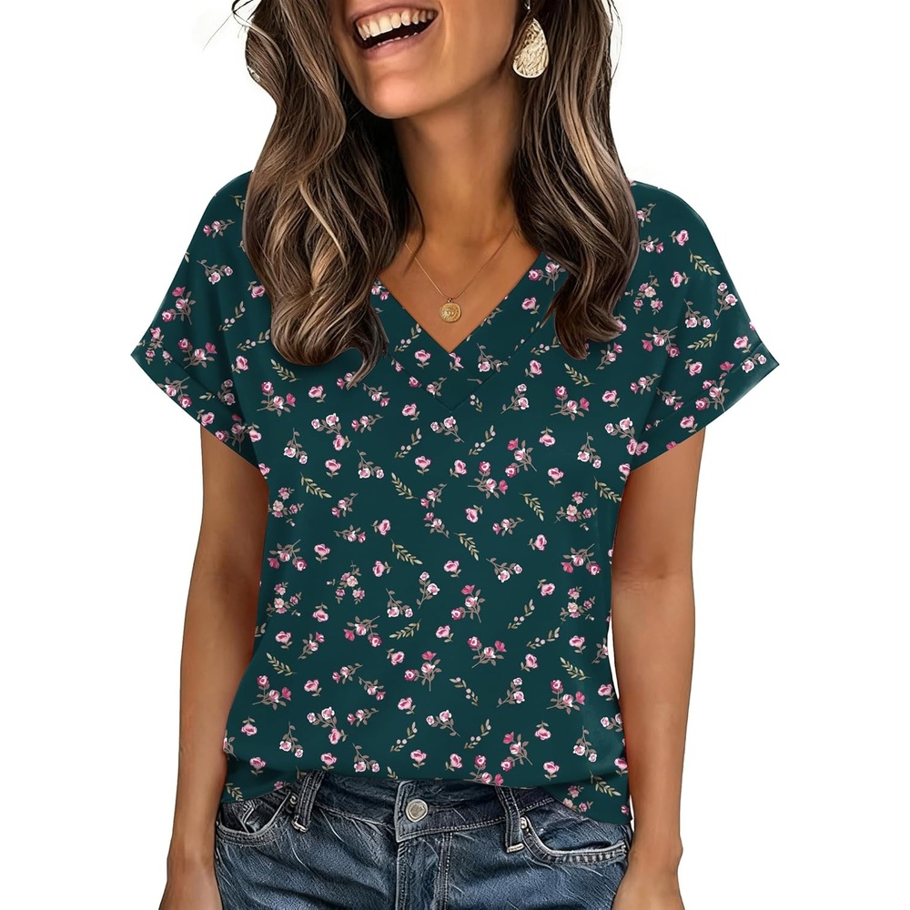 image:imageZeagoo Womens Summer Tops Rolled Short Sleeve V Neck Shirts Casual Dressy Business Work Blouses OutfitsGreen Flowersxh522