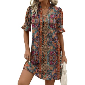 Zeagoo Summer Dresses for Women 2026 V Neck Ruffle Sleeve Loose Shift Dress Hawaiian Sundress Beach Vacation Clothes(Ethnic Style)