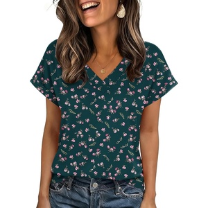 Zeagoo Womens Summer Tops Rolled Short Sleeve V Neck Shirts Casual Dressy Business Work Blouses Outfits(Green Flowers-xh522)