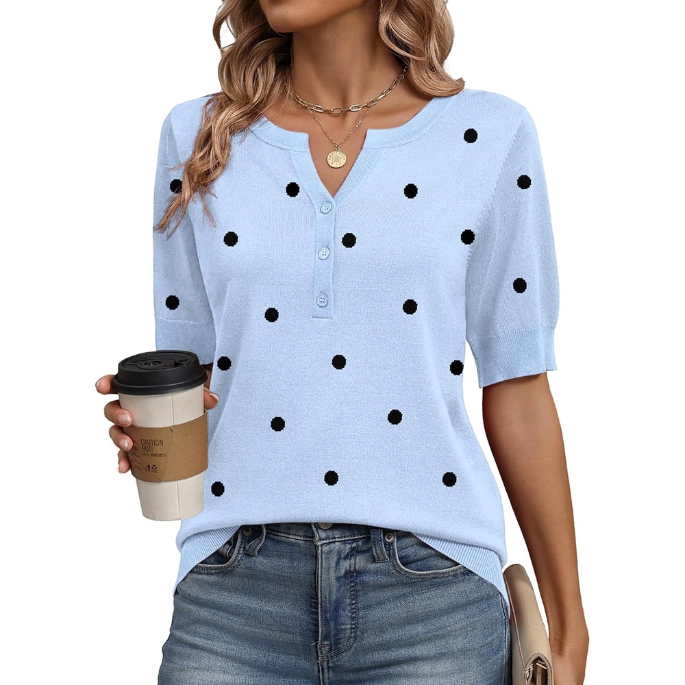 image:imageZeagoo Womens Short Sleeve Sweater 2026 Spring Summer Tops Lightweight Casual V Neck Sweaters Dressy Work Blouses ClothesA Polka Dot Light Blue