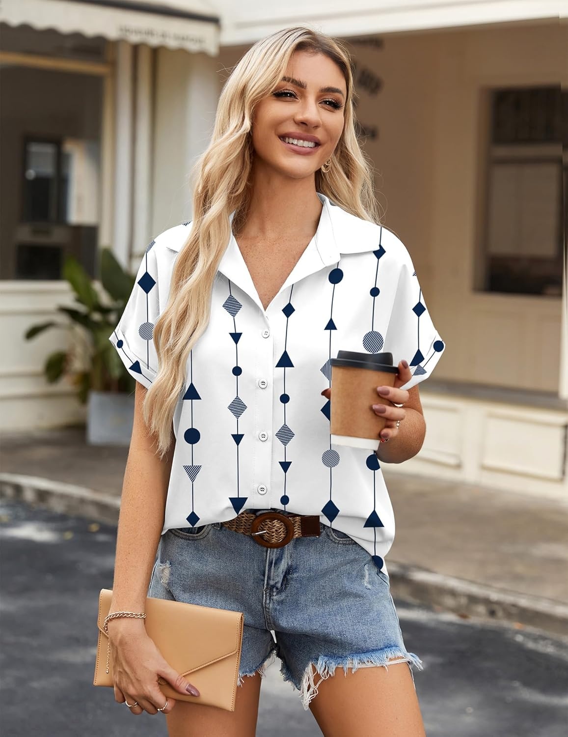 image:imageZeagoo Short Sleeve Summer Tops for Women Casual Button Down Shirts SolidStriped Business Work BlousesJh599
