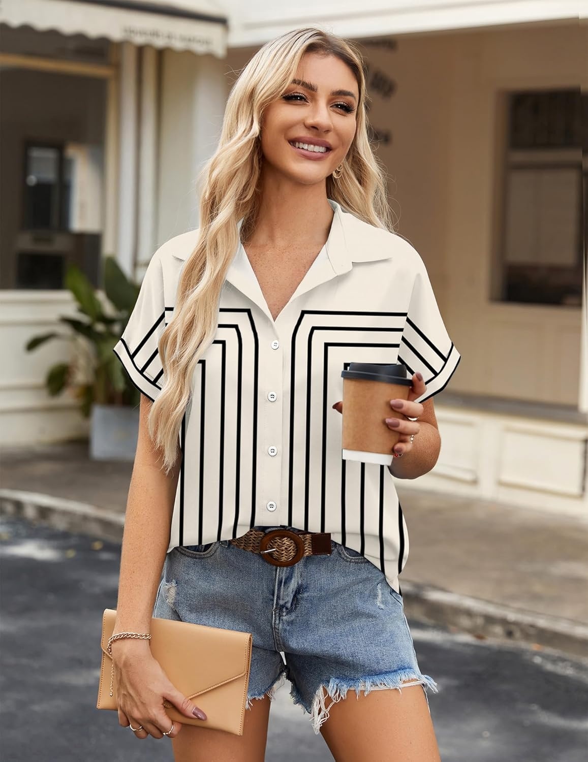 image:imageZeagoo Short Sleeve Summer Tops for Women Casual Button Down Shirts SolidStriped Business Work BlousesJh620