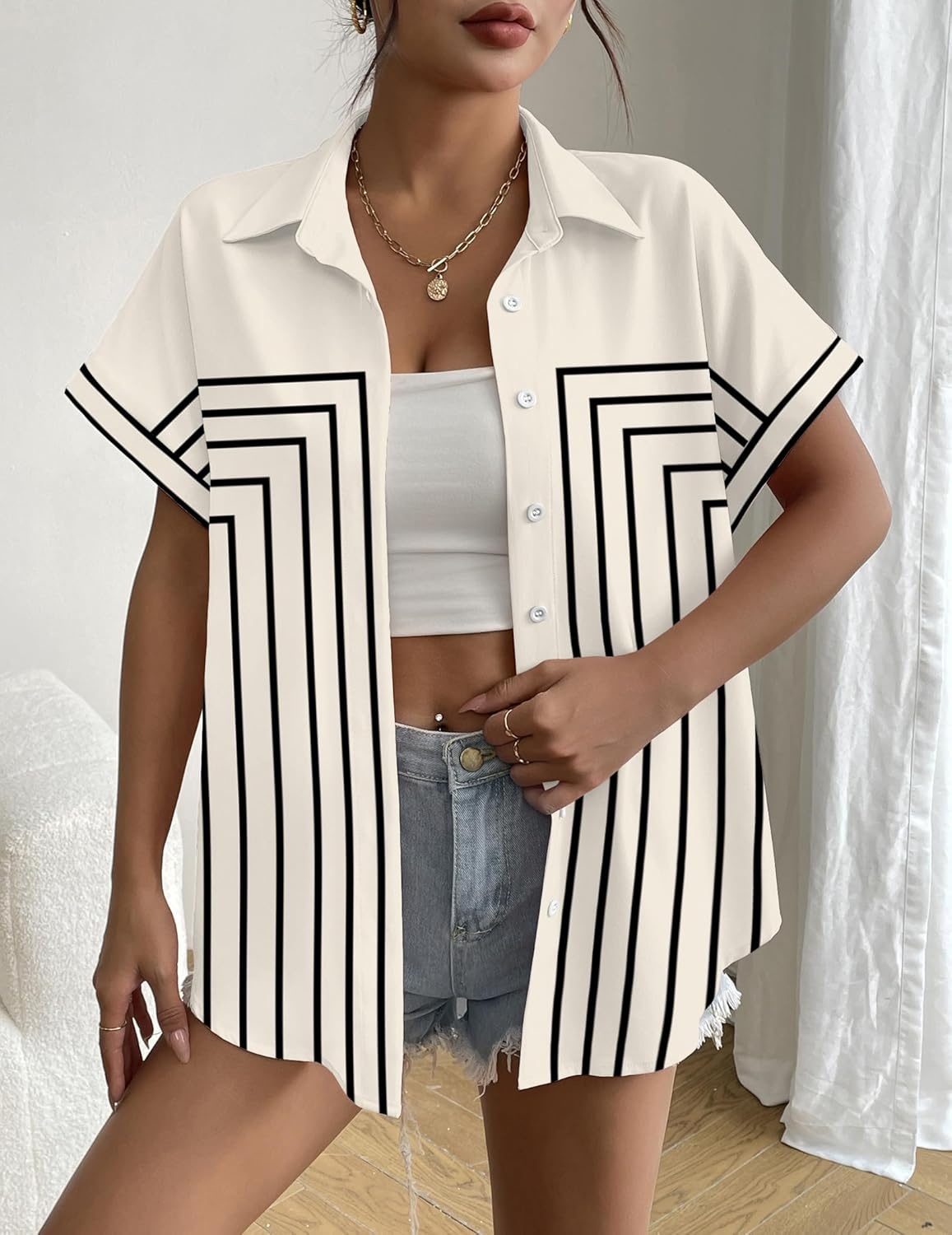 image:imageZeagoo Short Sleeve Summer Tops for Women Casual Button Down Shirts SolidStriped Business Work BlousesJh620