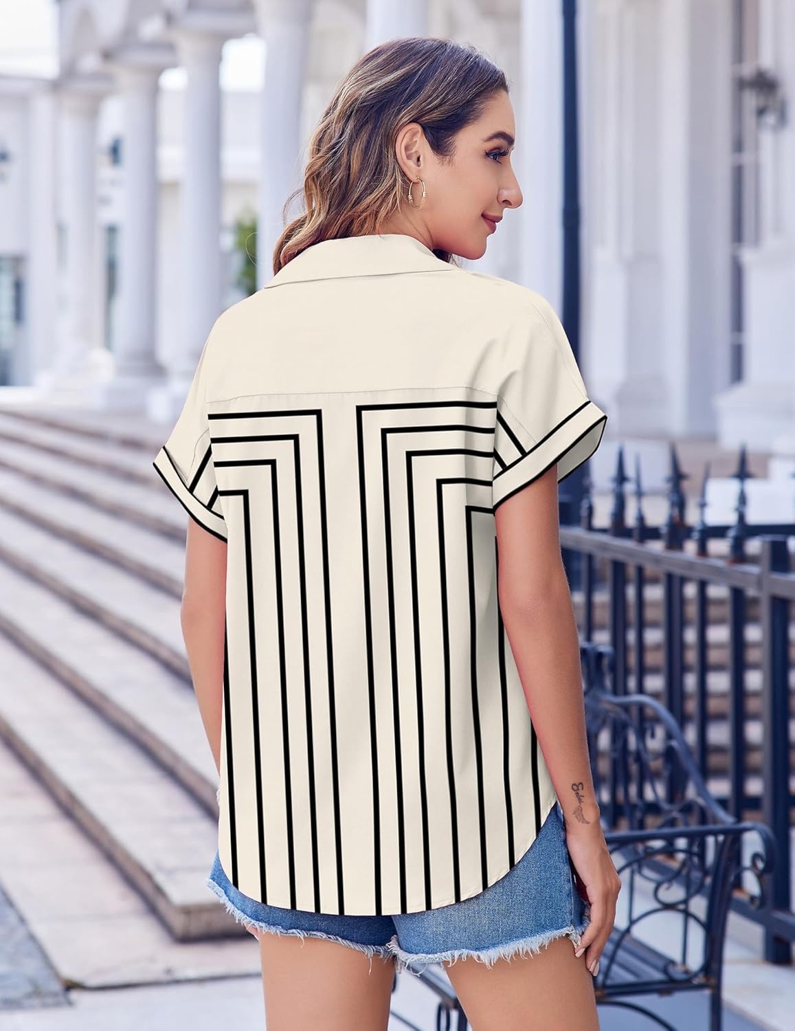 image:imageZeagoo Short Sleeve Summer Tops for Women Casual Button Down Shirts SolidStriped Business Work BlousesJh620