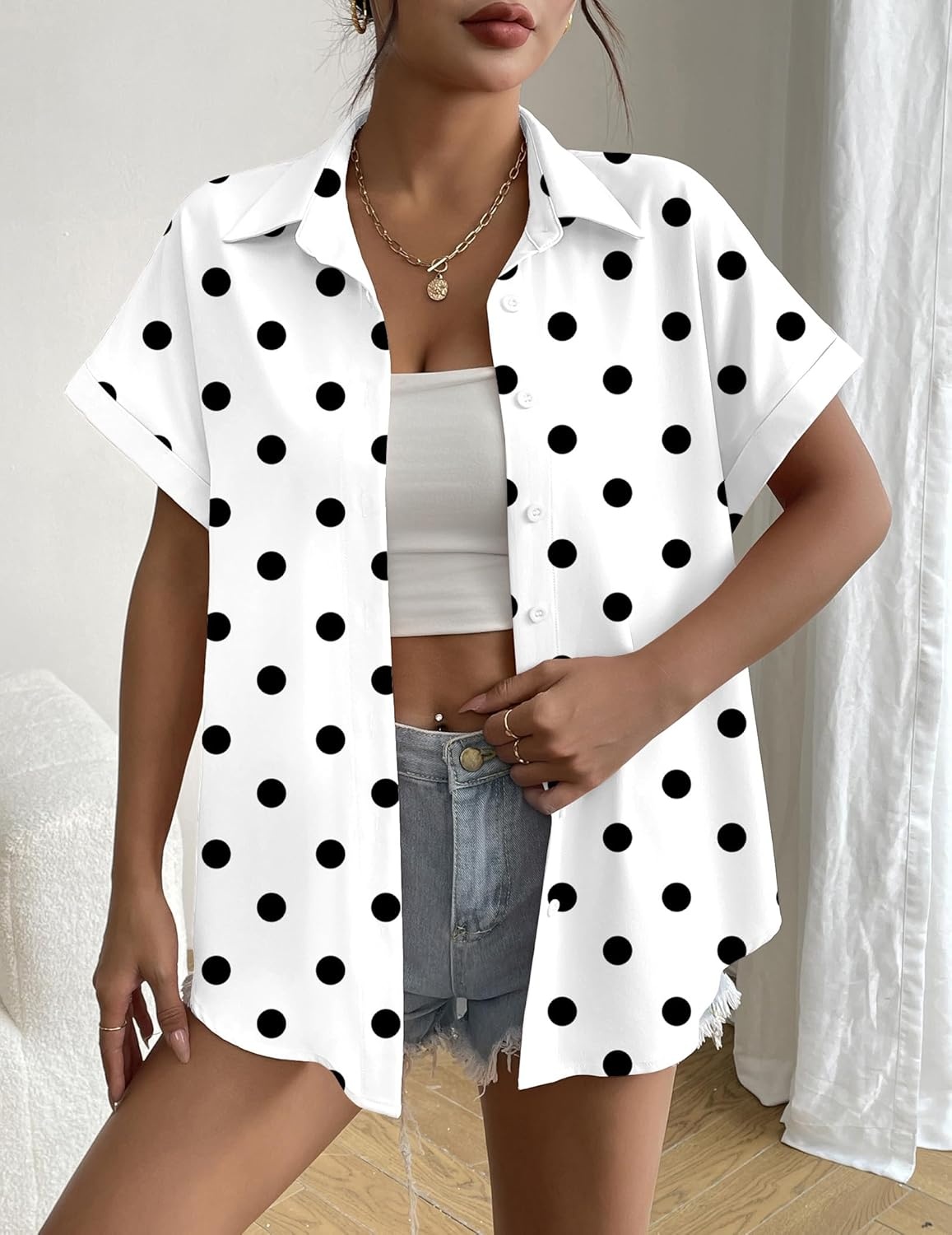 image:imageZeagoo Short Sleeve Summer Tops for Women Casual Button Down Shirts SolidStriped Business Work BlousesPolka Dot