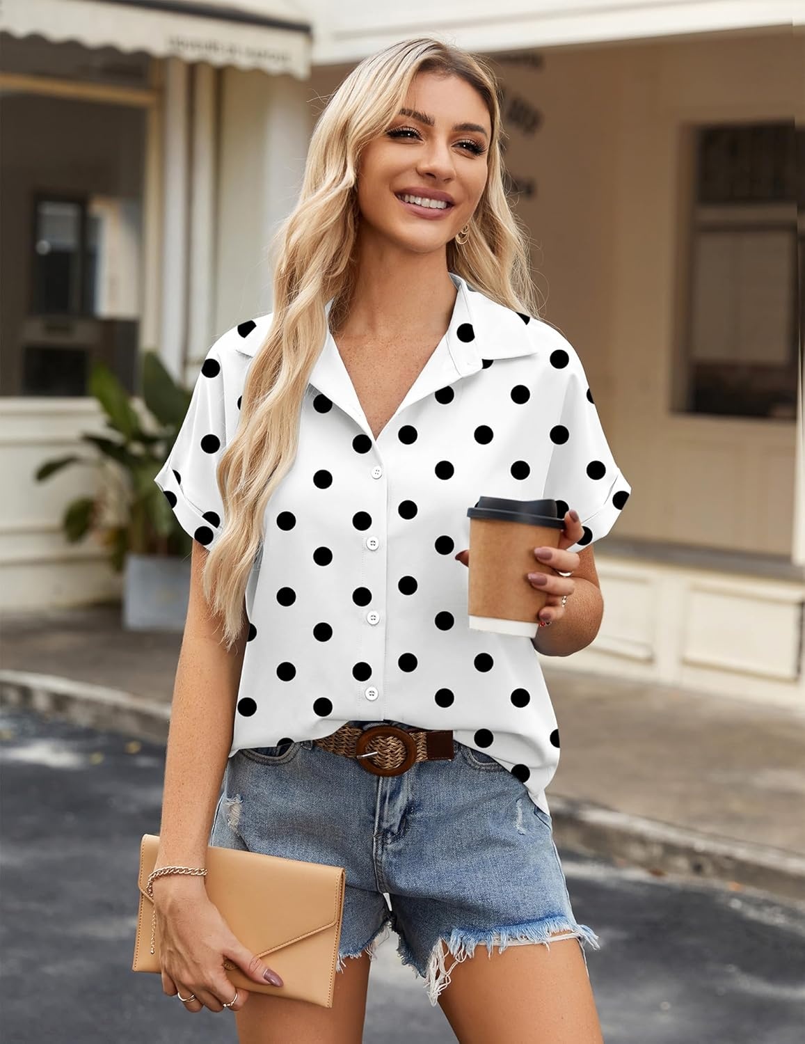 image:imageZeagoo Short Sleeve Summer Tops for Women Casual Button Down Shirts SolidStriped Business Work BlousesPolka Dot
