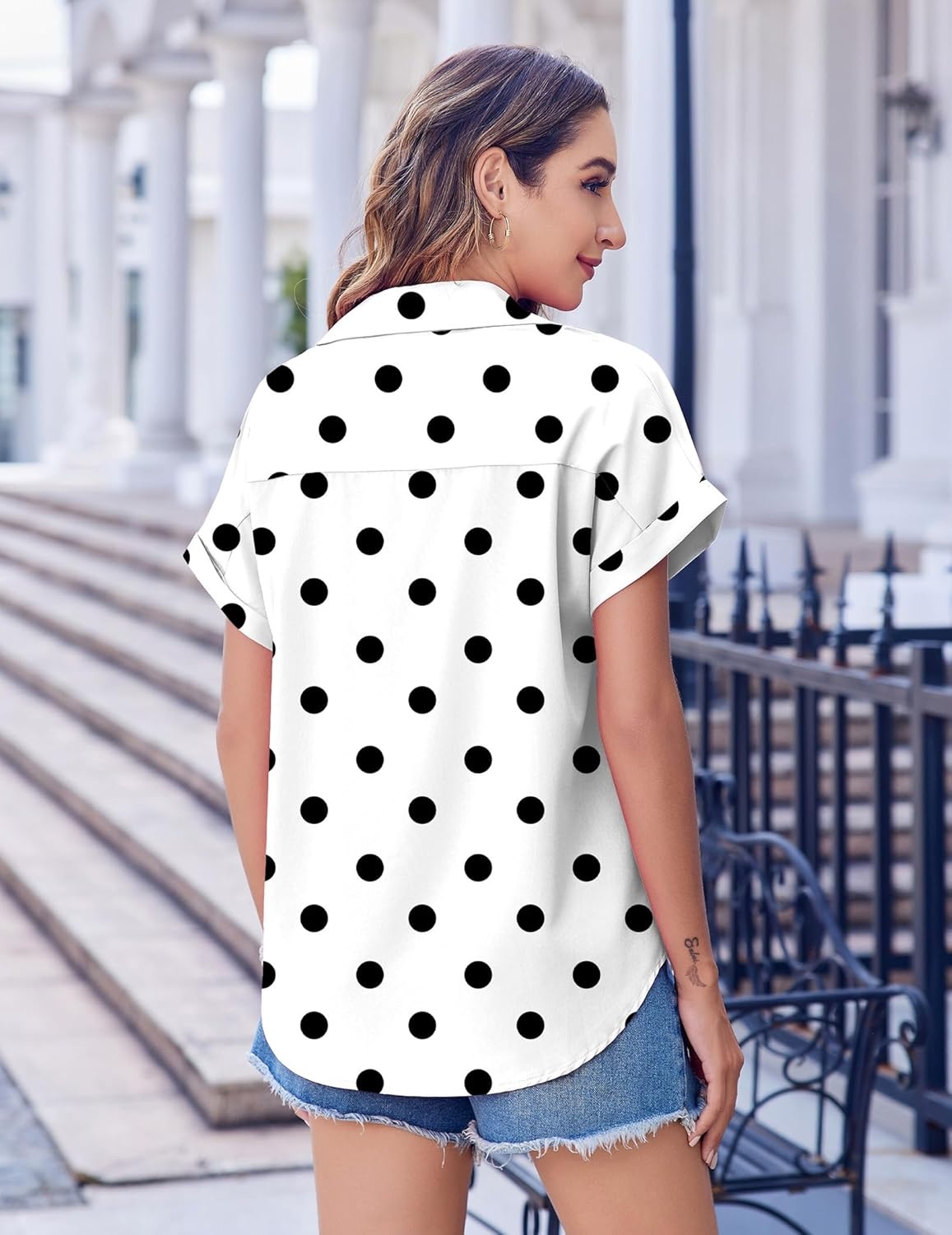 image:imageZeagoo Short Sleeve Summer Tops for Women Casual Button Down Shirts SolidStriped Business Work BlousesPolka Dot