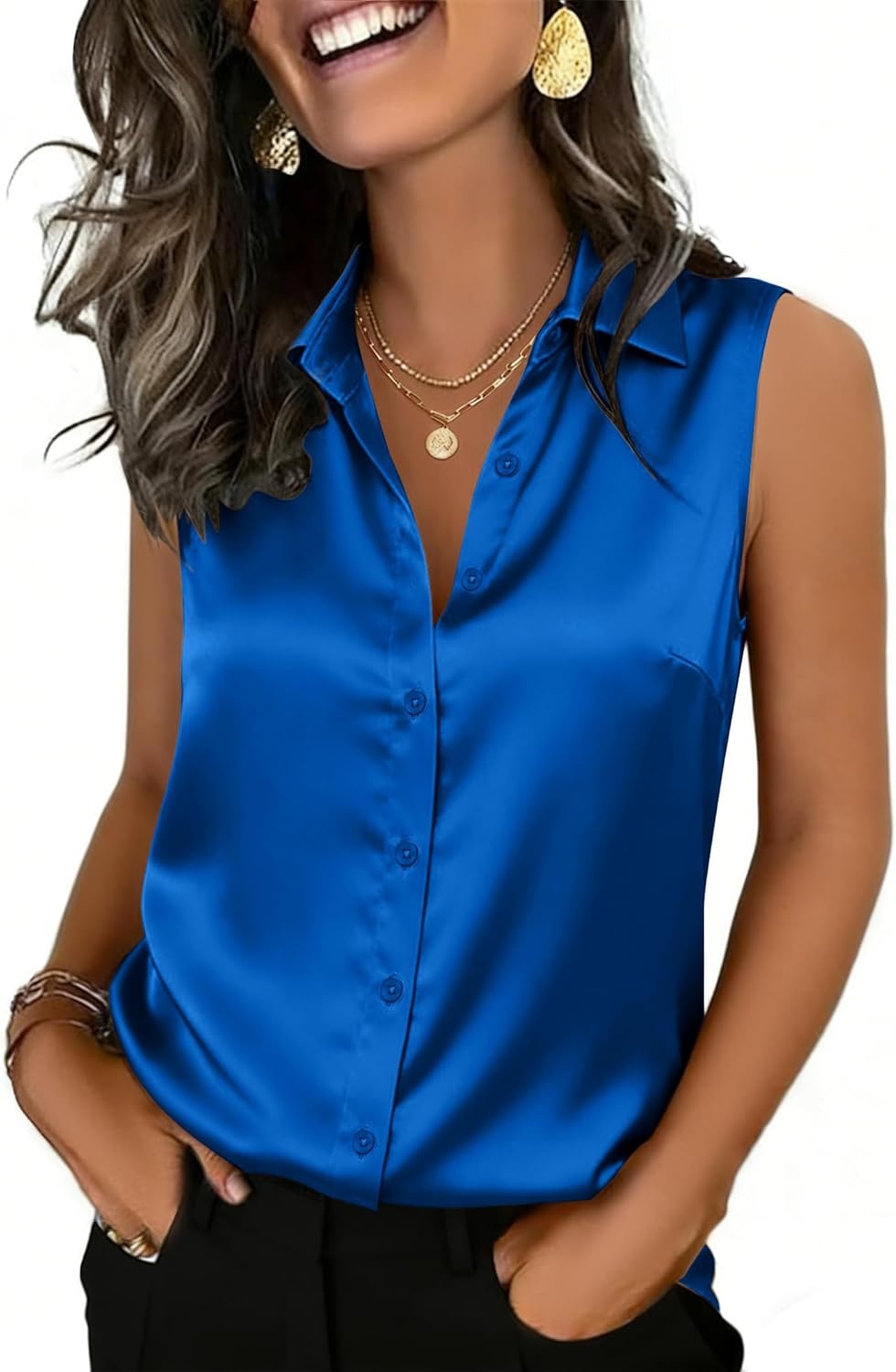 image:imageZeagoo Womens Satin Blouse Sleeveless Silk Tank Tops Button Down Shirts Business Casual Outfits 2026Royal Blue