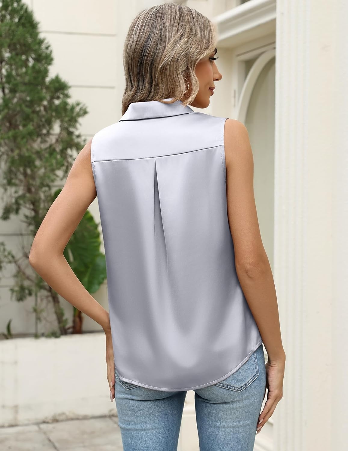 image:imageZeagoo Womens Satin Blouse Sleeveless Silk Tank Tops Button Down Shirts Business Casual Outfits 2026Silver