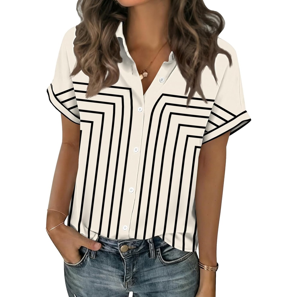 image:imageZeagoo Short Sleeve Summer Tops for Women Casual Button Down Shirts SolidStriped Business Work BlousesJh620