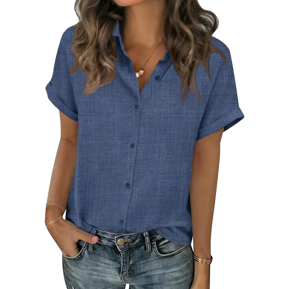 image:imageZeagoo Short Sleeve Summer Tops for Women Casual Button Down Shirts SolidStriped Business Work BlousesNavy