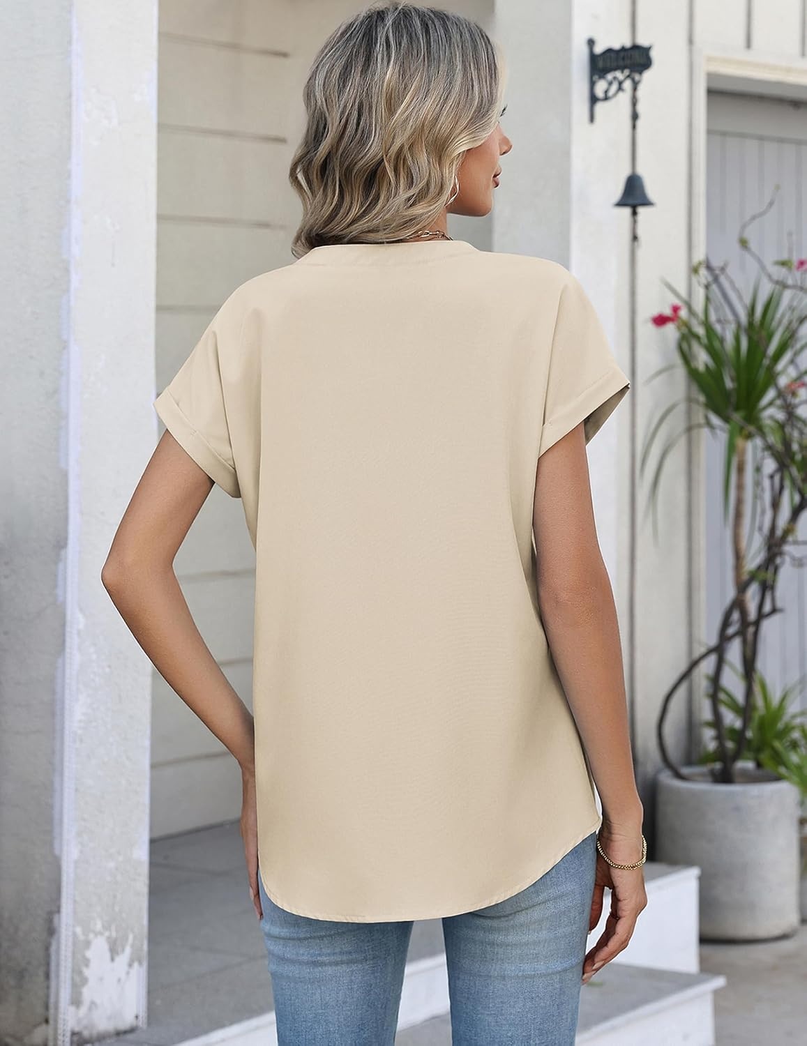 image:imageZeagoo Button Down Shirts for Women Short Sleeve Tops V Neck Collar Blouses Business Casual OutfitsBeige