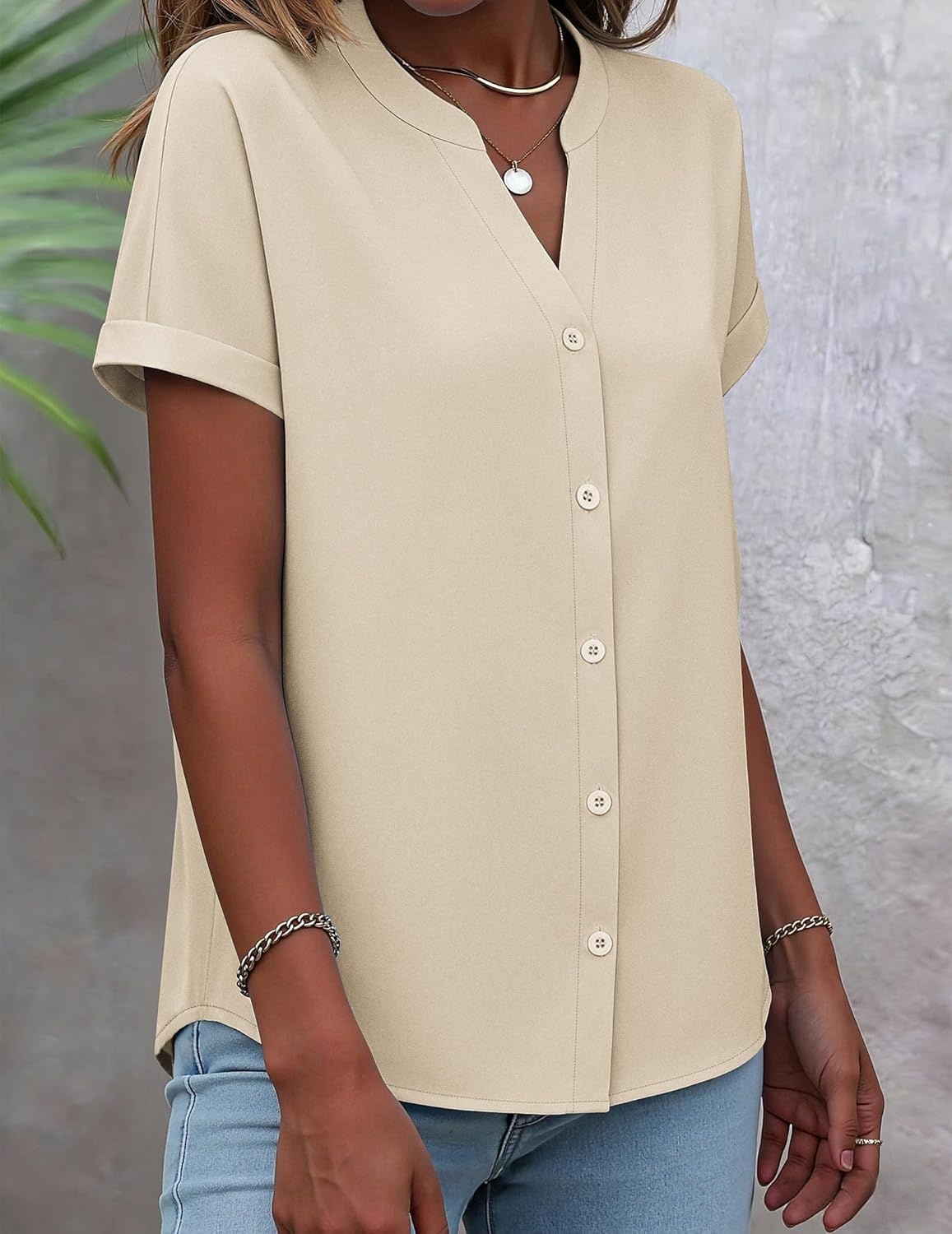 image:imageZeagoo Button Down Shirts for Women Short Sleeve Tops V Neck Collar Blouses Business Casual OutfitsBeige