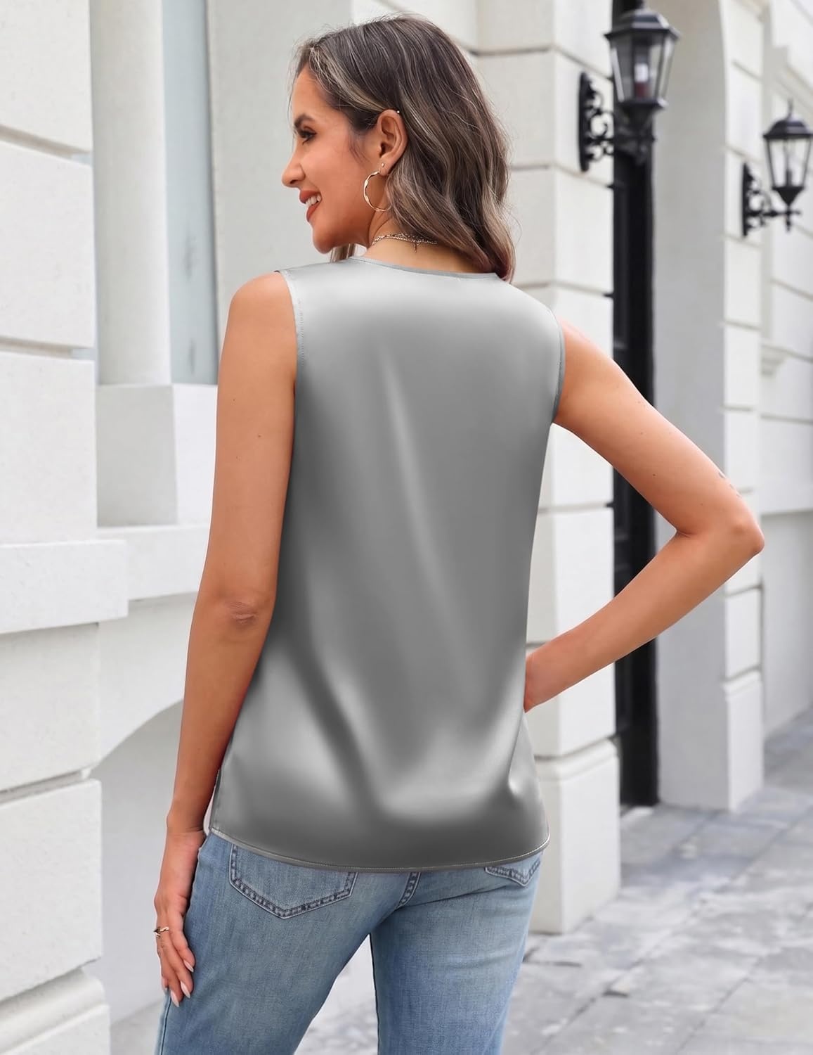 image:imageZeagoo Silk Satin Tank Tops for Women V Neck Business Work Blouses Summer Dressy Casual Sleeveless ShirtsGray