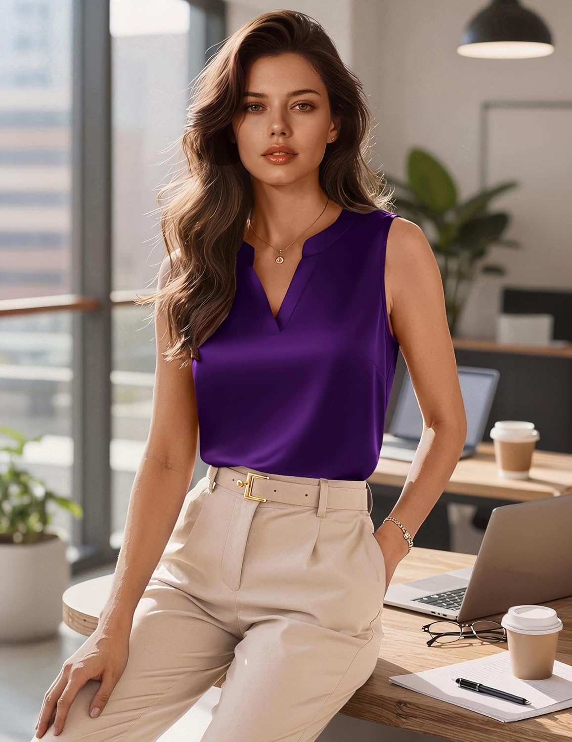 image:imageZeagoo Silk Satin Tank Tops for Women V Neck Business Work Blouses Summer Dressy Casual Sleeveless ShirtsPurple