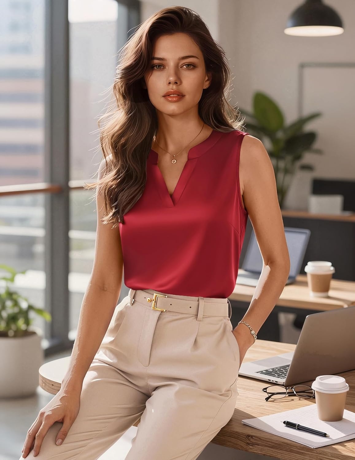 image:imageZeagoo Silk Satin Tank Tops for Women V Neck Business Work Blouses Summer Dressy Casual Sleeveless ShirtsRed