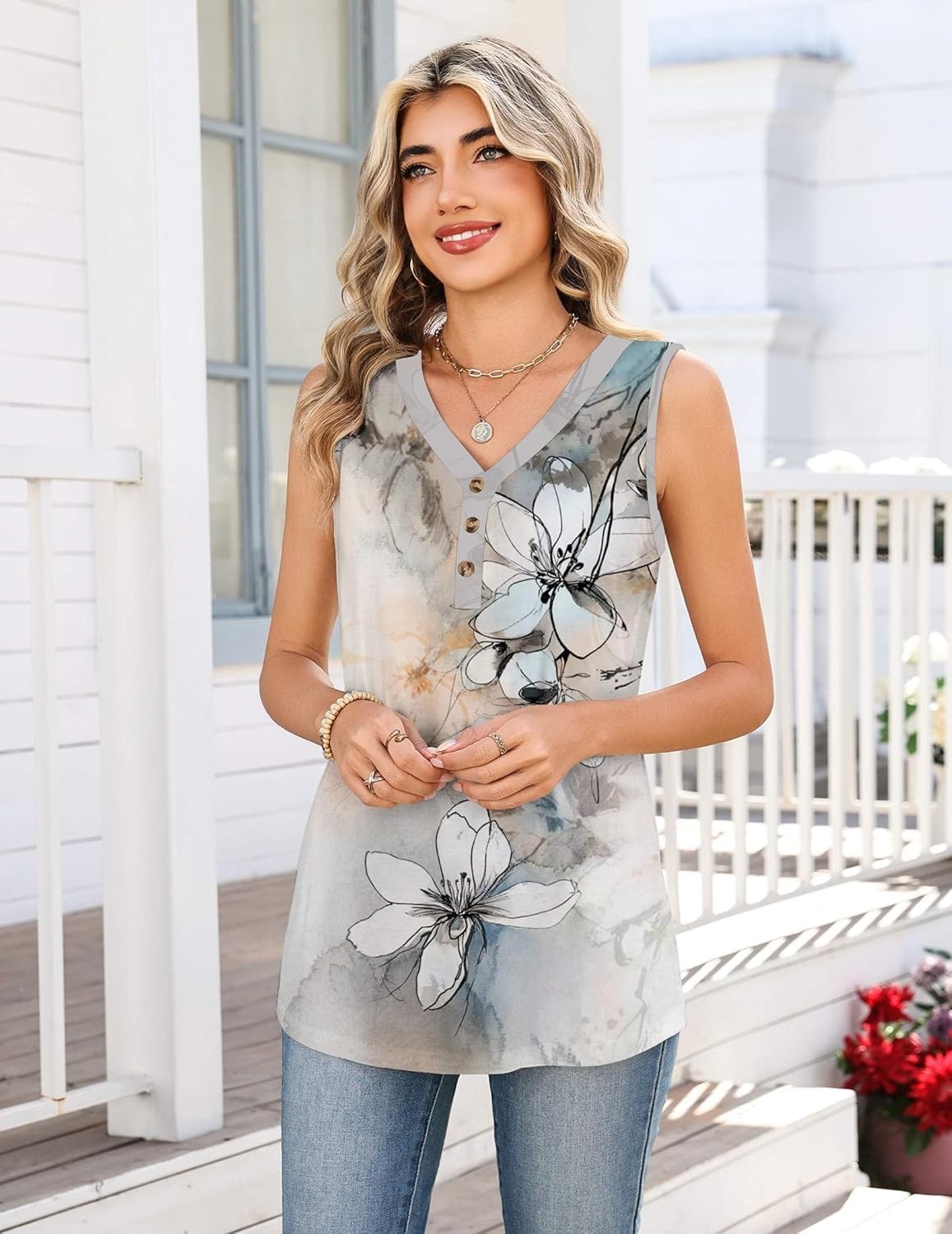 image:imageZeagoo Tank Tops for Women 2026 Summer Top Henley Shirts Dressy Casual Loose Fit VNeck Button Down Sleeveless Tshirt BlouseSf311