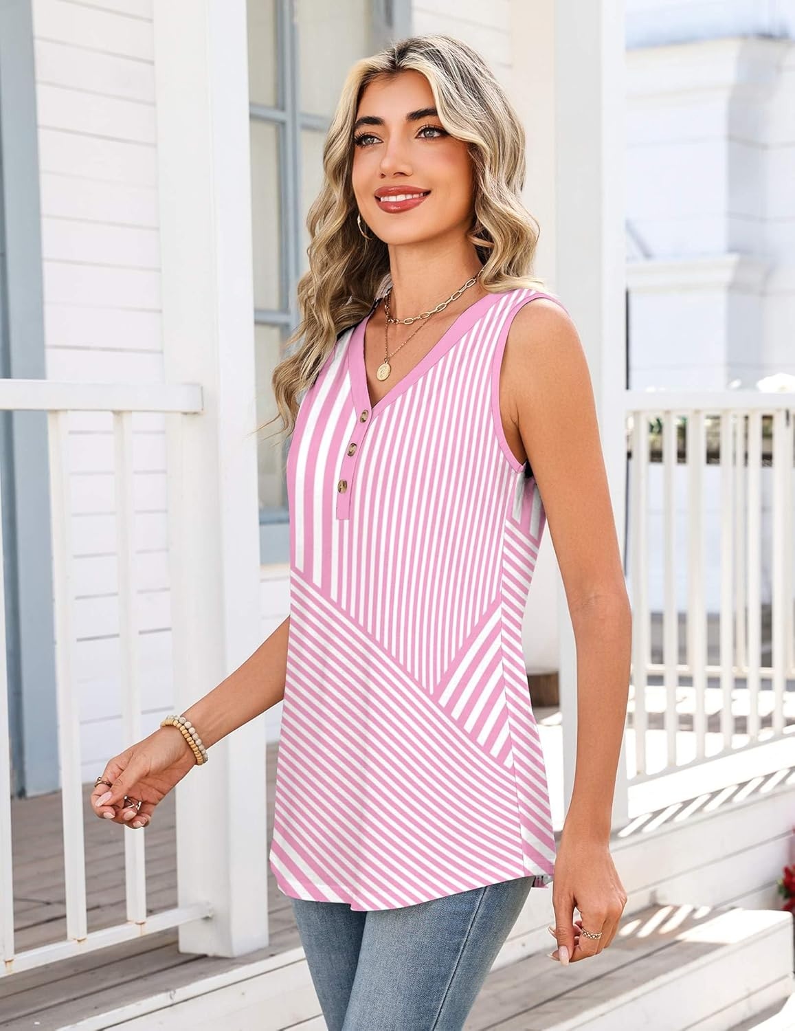 image:imageZeagoo Tank Tops for Women 2026 Summer Top Henley Shirts Dressy Casual Loose Fit VNeck Button Down Sleeveless Tshirt BlouseTz300