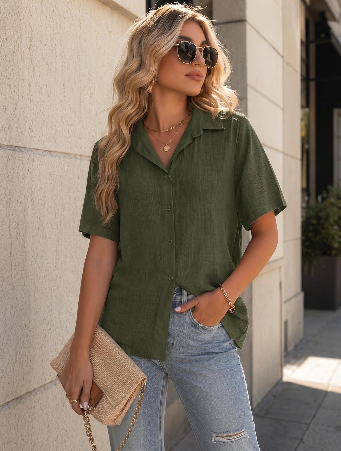 image:imageZeagoo Women Button Down Shirt Cotton Linen Blend Short Sleeve V Neck Blouse Dressy Casual Summer Tops Beach Vacation OutfitsAgreen