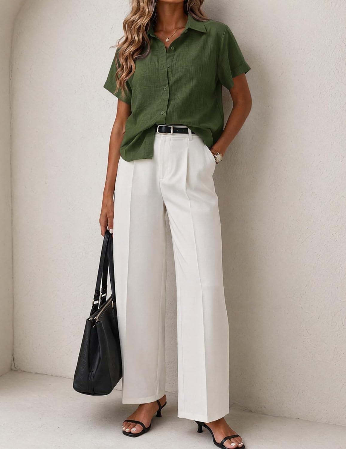 image:imageZeagoo Women Button Down Shirt Cotton Linen Blend Short Sleeve V Neck Blouse Dressy Casual Summer Tops Beach Vacation OutfitsAgreen