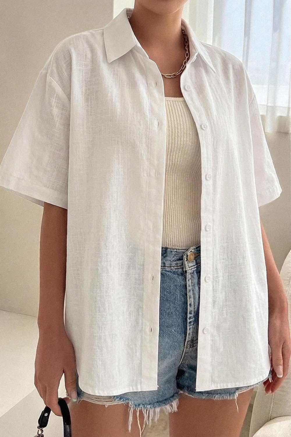 image:imageZeagoo Women Button Down Shirt Cotton Linen Blend Short Sleeve V Neck Blouse Dressy Casual Summer Tops Beach Vacation OutfitsAwhite