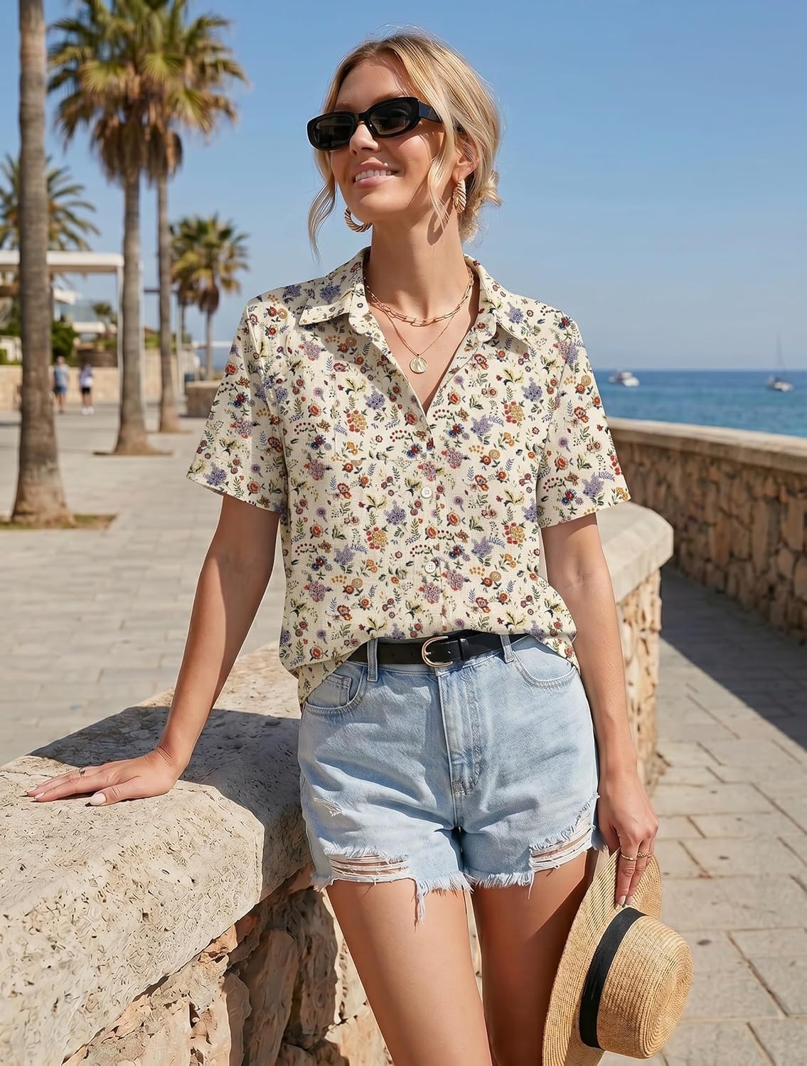 image:imageZeagoo Women Button Down Shirt Cotton Linen Blend Short Sleeve V Neck Blouse Dressy Casual Summer Tops Beach Vacation OutfitsBeige Ditsy