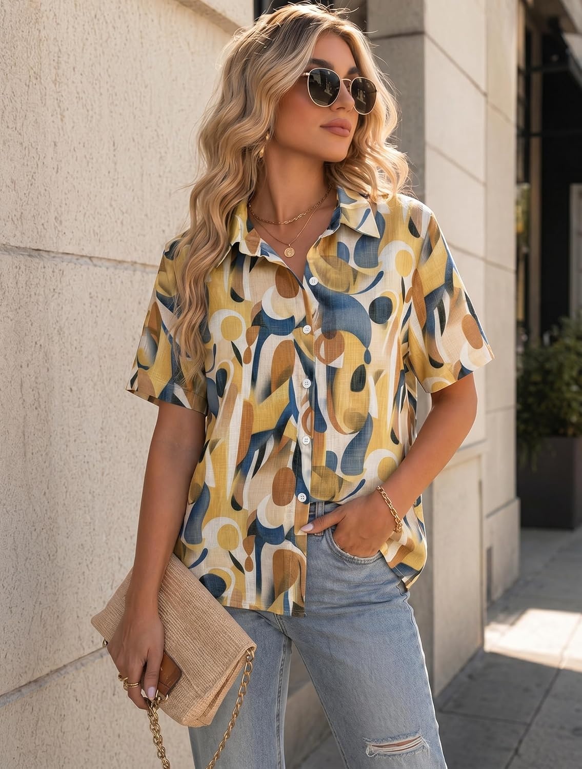 image:imageZeagoo Women Button Down Shirt Cotton Linen Blend Short Sleeve V Neck Blouse Dressy Casual Summer Tops Beach Vacation OutfitsColorful Palette