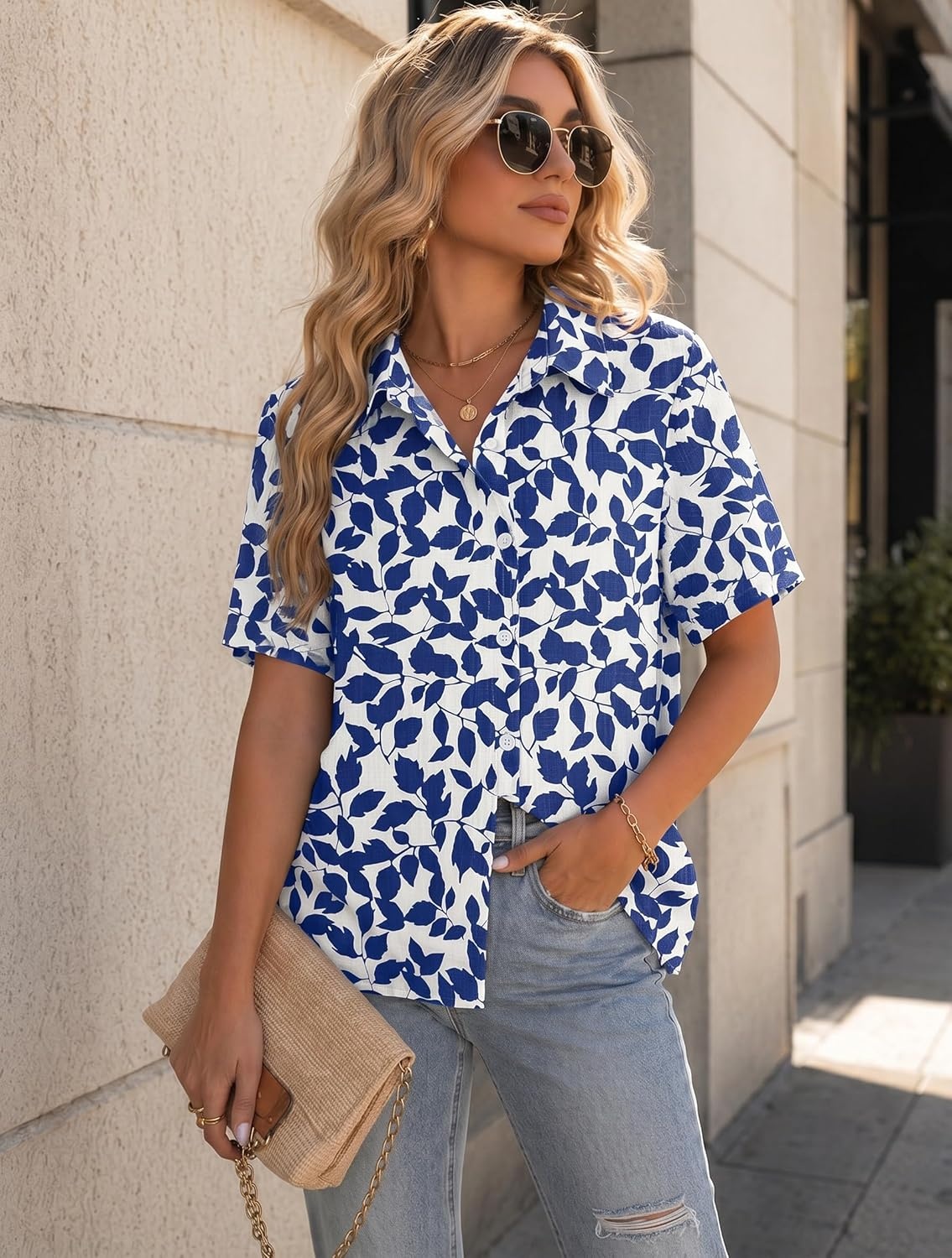 image:imageZeagoo Women Button Down Shirt Cotton Linen Blend Short Sleeve V Neck Blouse Dressy Casual Summer Tops Beach Vacation OutfitsDeep Blue Floral