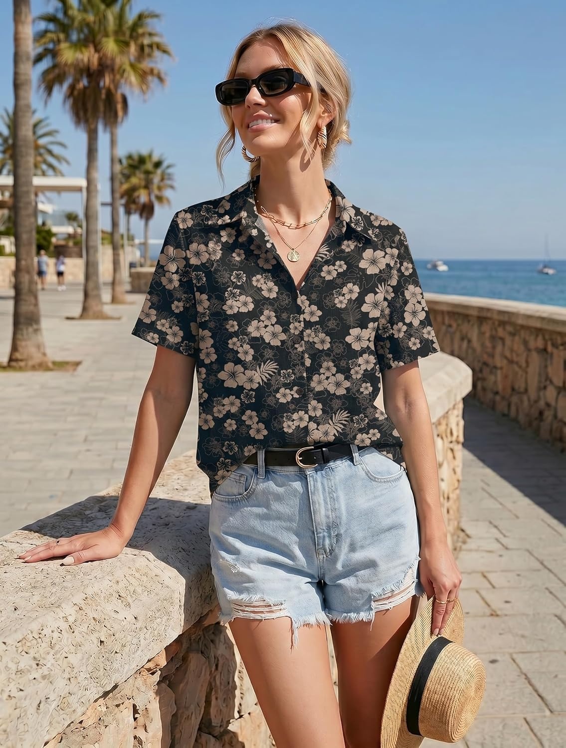 image:imageZeagoo Women Button Down Shirt Cotton Linen Blend Short Sleeve V Neck Blouse Dressy Casual Summer Tops Beach Vacation OutfitsDeep Brown Blossom