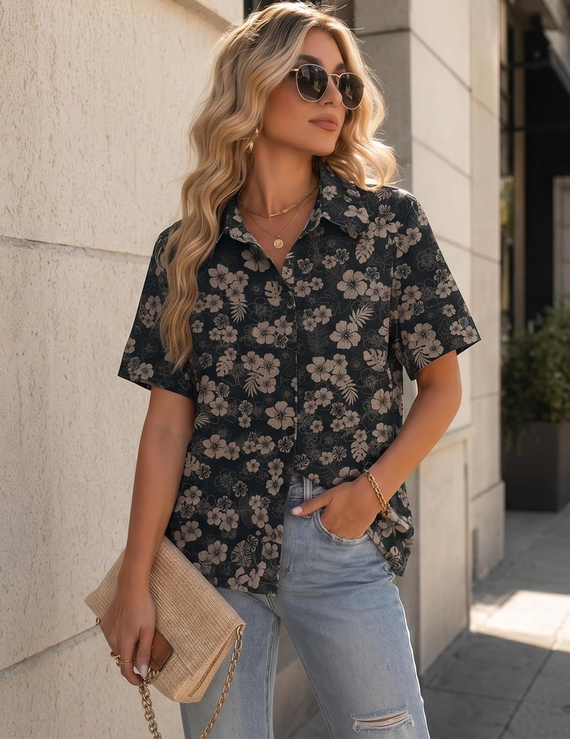image:imageZeagoo Women Button Down Shirt Cotton Linen Blend Short Sleeve V Neck Blouse Dressy Casual Summer Tops Beach Vacation OutfitsDeep Brown Blossom