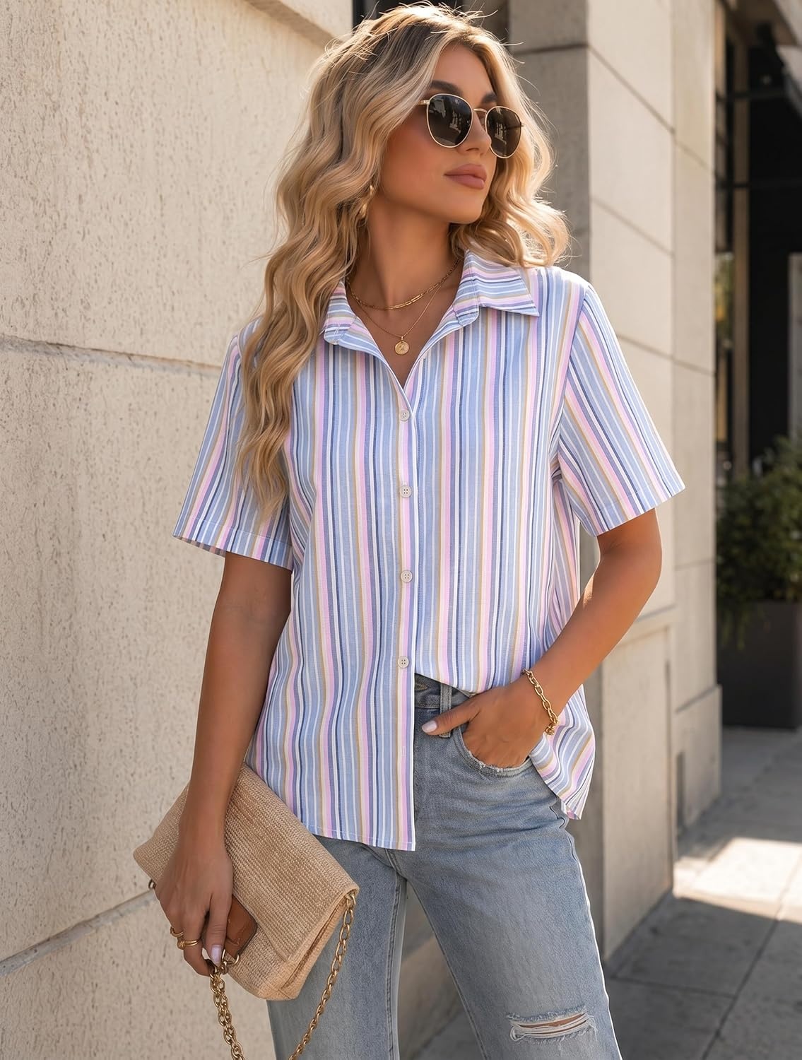 image:imageZeagoo Women Button Down Shirt Cotton Linen Blend Short Sleeve V Neck Blouse Dressy Casual Summer Tops Beach Vacation OutfitsMultistripe
