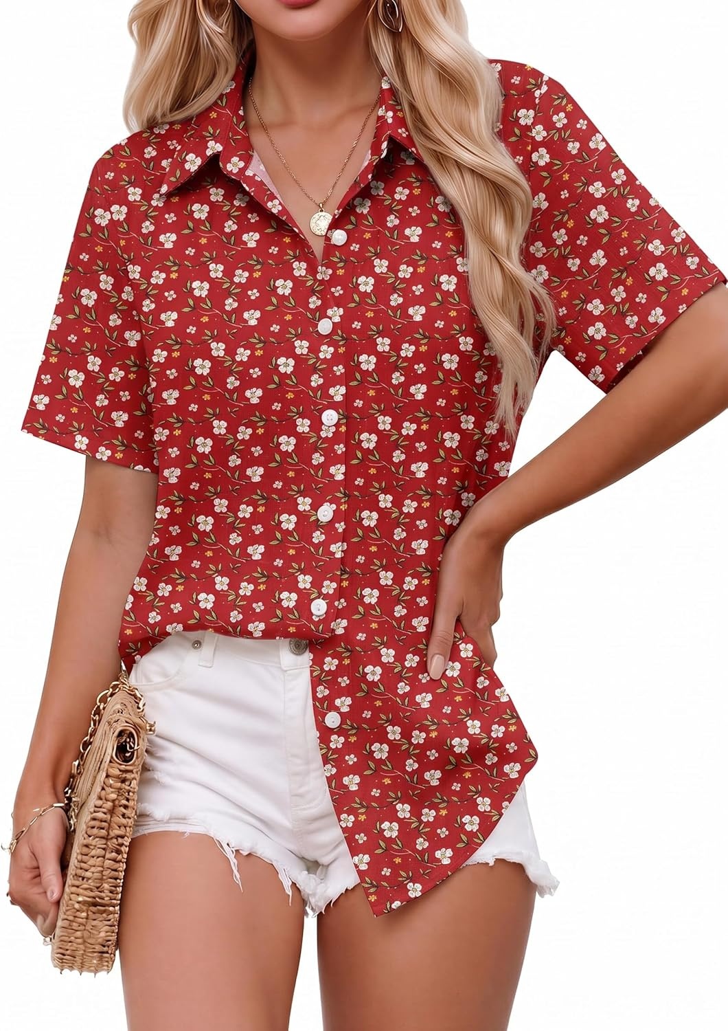 image:imageZeagoo Women Button Down Shirt Cotton Linen Blend Short Sleeve V Neck Blouse Dressy Casual Summer Tops Beach Vacation OutfitsRed Ditsy