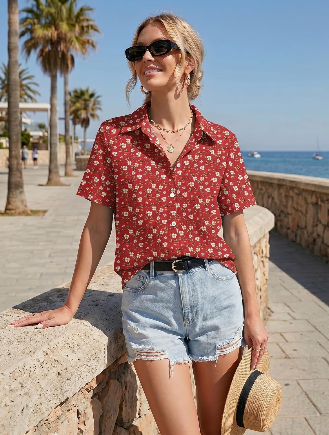 image:imageZeagoo Women Button Down Shirt Cotton Linen Blend Short Sleeve V Neck Blouse Dressy Casual Summer Tops Beach Vacation OutfitsRed Ditsy
