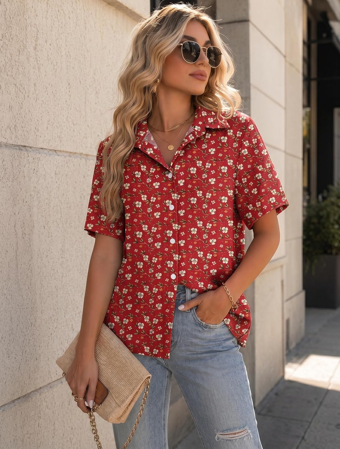 image:imageZeagoo Women Button Down Shirt Cotton Linen Blend Short Sleeve V Neck Blouse Dressy Casual Summer Tops Beach Vacation OutfitsRed Ditsy
