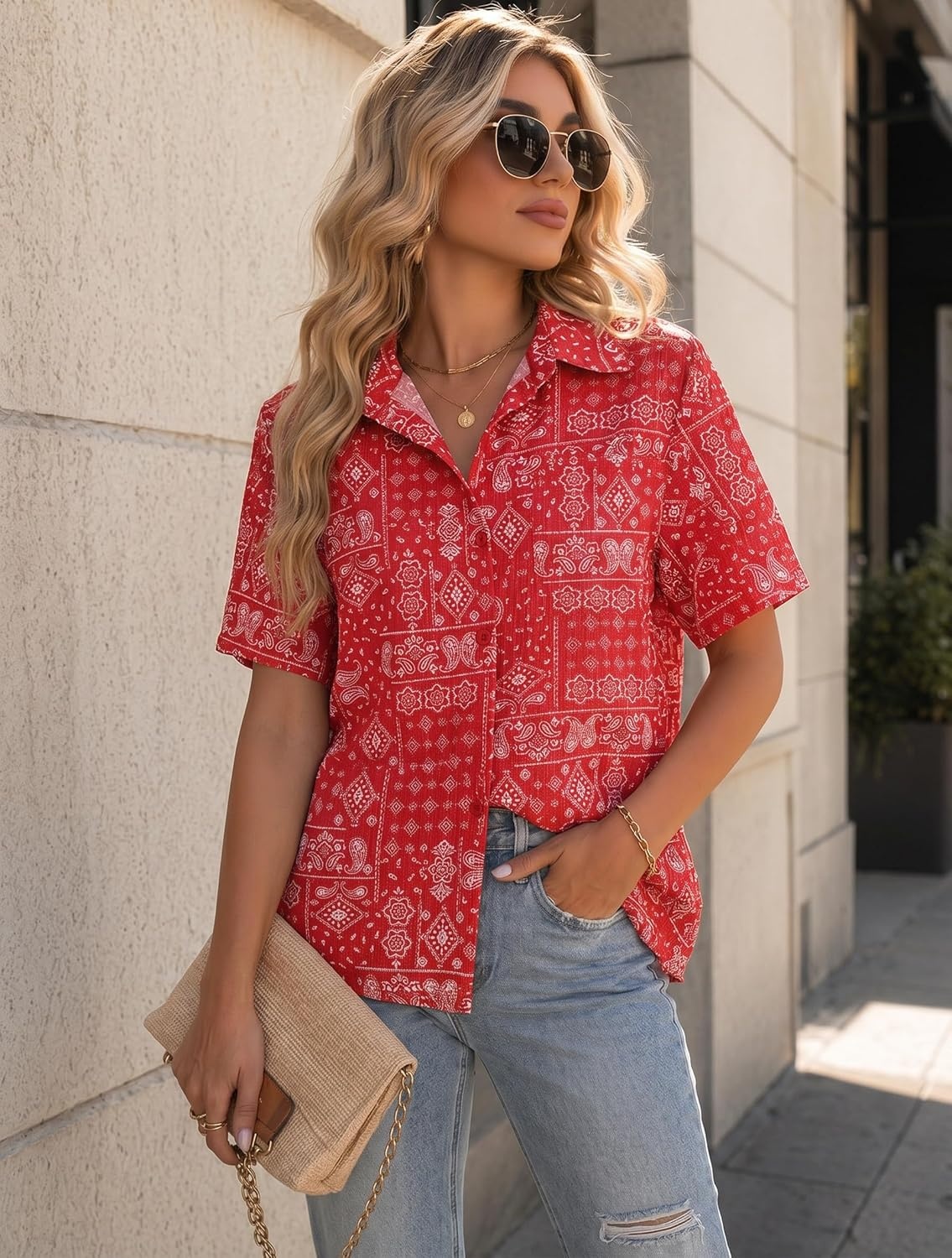 image:imageZeagoo Women Button Down Shirt Cotton Linen Blend Short Sleeve V Neck Blouse Dressy Casual Summer Tops Beach Vacation OutfitsRed Paisley