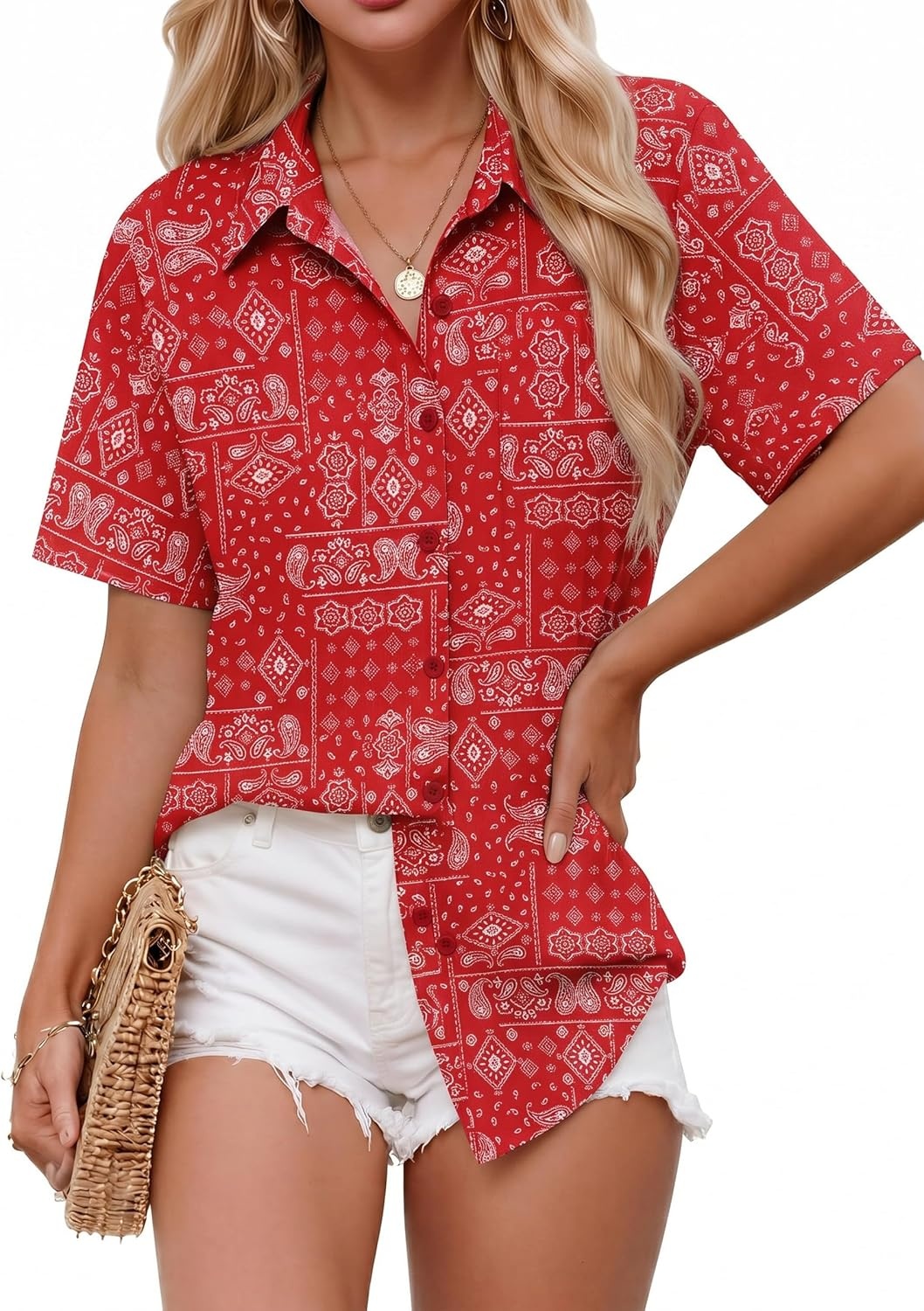 image:imageZeagoo Women Button Down Shirt Cotton Linen Blend Short Sleeve V Neck Blouse Dressy Casual Summer Tops Beach Vacation OutfitsRed Paisley
